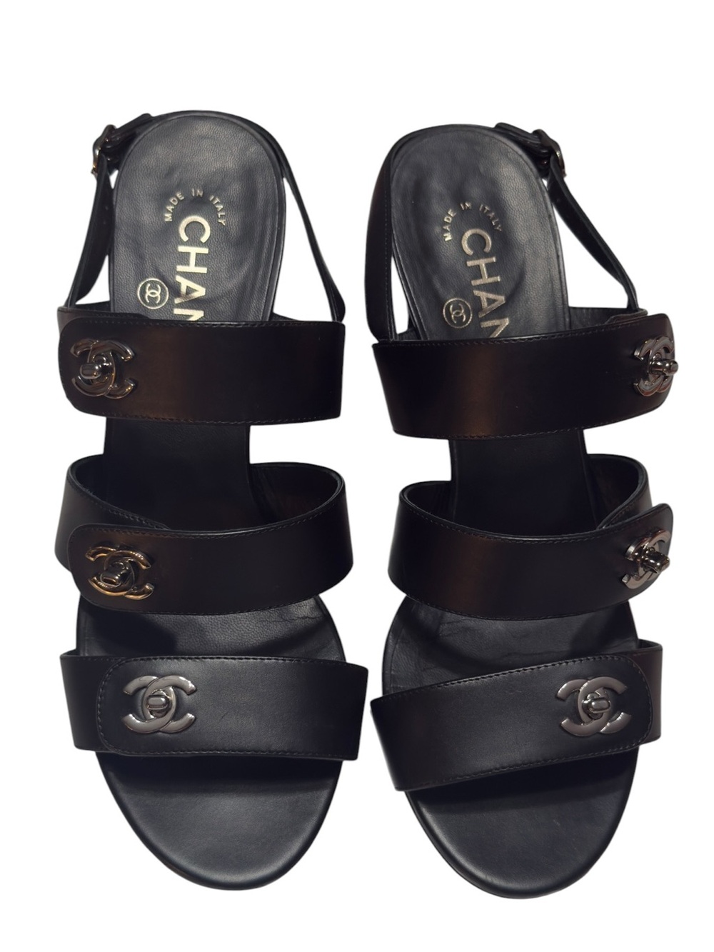 CHANEL Black Leather CC Turn Lock Sandals – Size 38.5